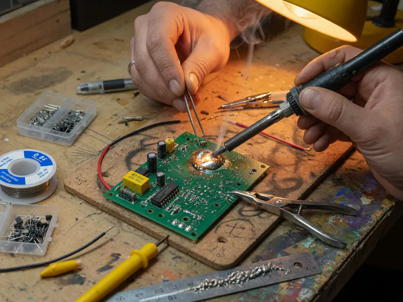 Hands soldering a circuit board at a maker workbench — Latest Byte China Innovation Tour