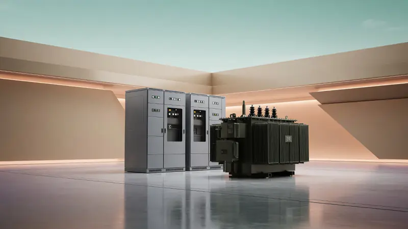 Distribution switchgear and transformer on a polished showroom floor