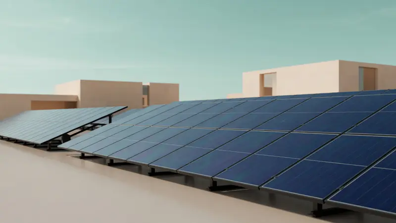 Solar panels under soft mint sky with warm geometric architecture