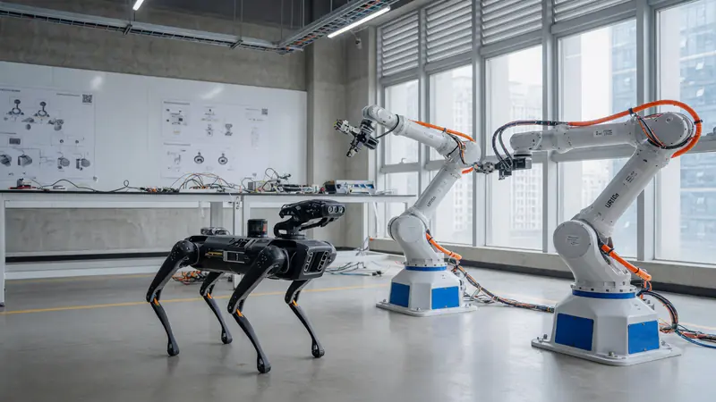 Robotics lab with quadruped robot and collaborative robot arms — Latest Byte China Innovation Tour