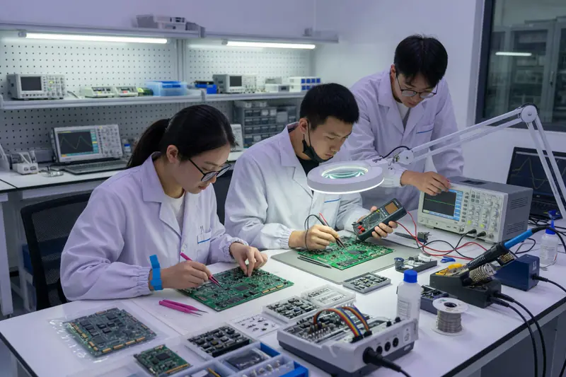 Young engineers testing circuit boards in a Shenzhen hardware lab — Latest Byte China Innovation Tour